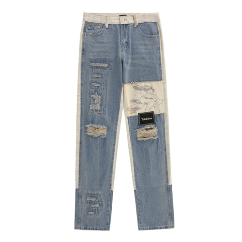 WE11 Hole Old Patch Woman Printing Denim Pants (1793)